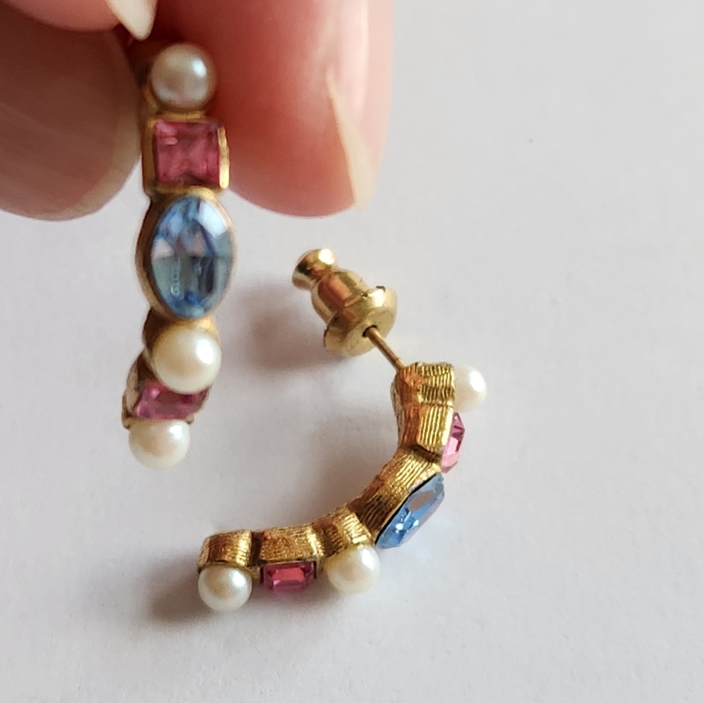 Multi Color Crystals and Faux Pearls Earrings, Gold Tone - Picture 2 of 4